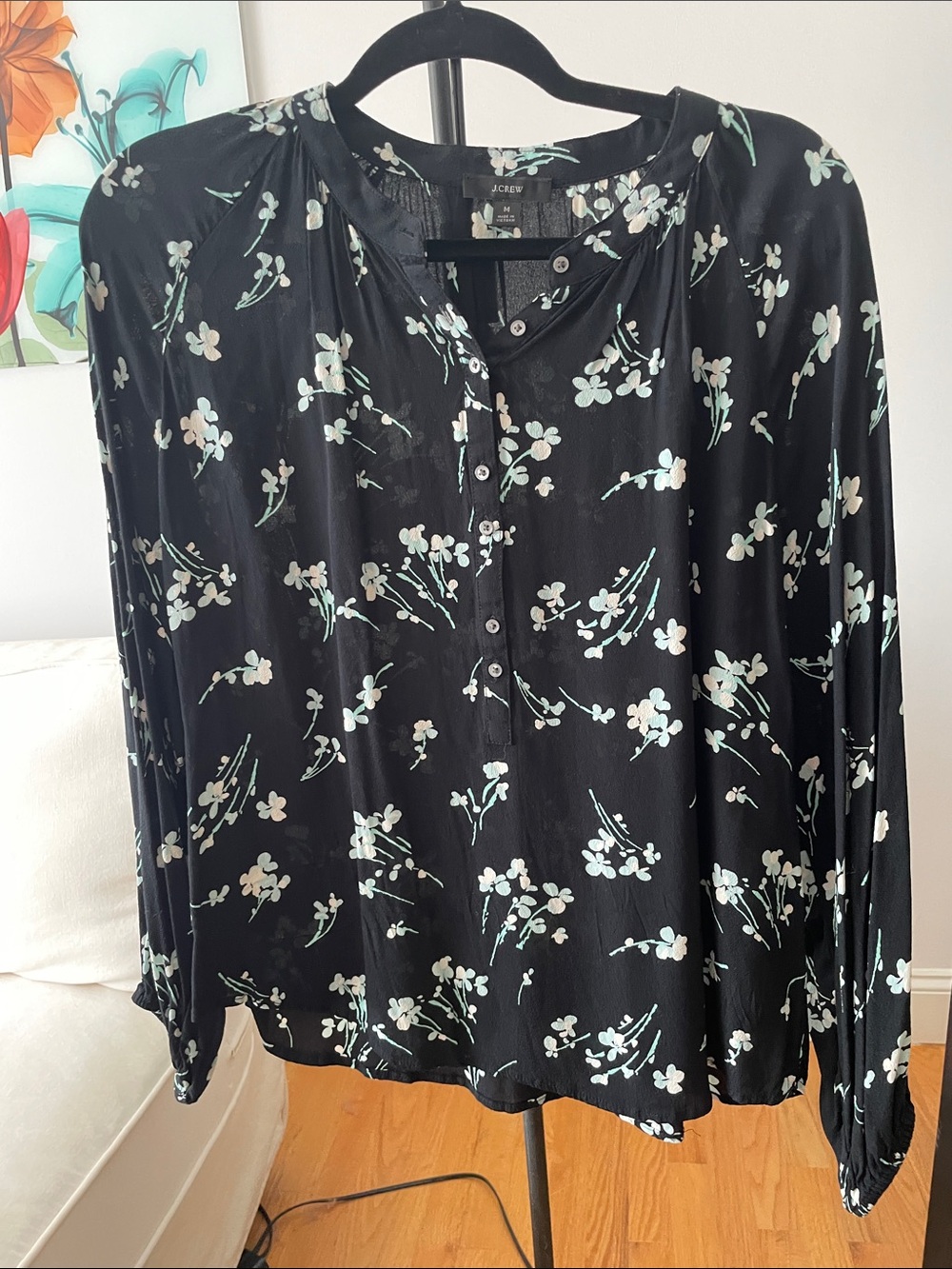 J. Crew Black Floral Henley Blouse with Mint Accents